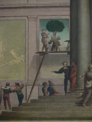 Gwałt Diny (Księga Rodzaju 34). Kunsthistorisches Museum Vienna, galeria obrazów, nr inw. nr 1554, w tle detal (malarz ścienny na rusztowaniu)